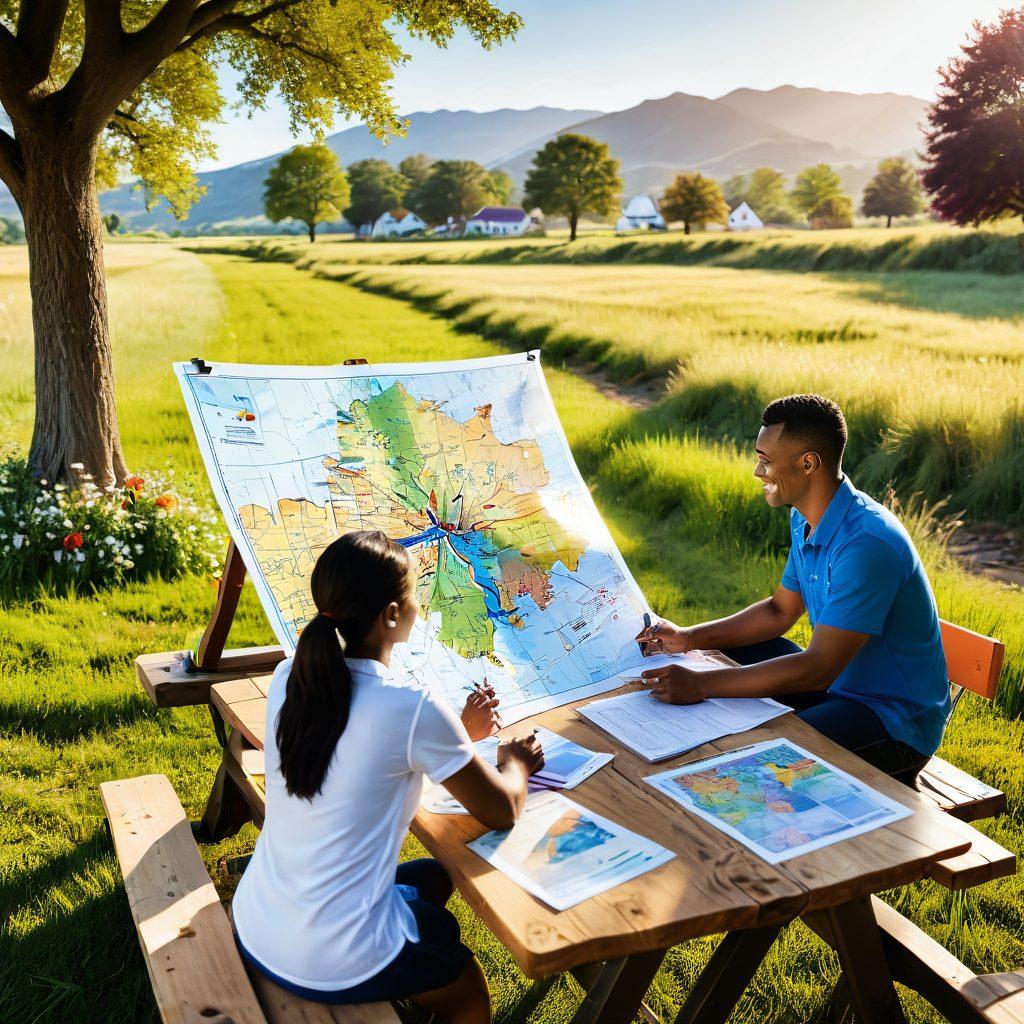 A couple examining a large map spread out on a picnic table, surrounded by various insurance-related documents and colorful illustrations of different insurance types (like health, auto, home). The sun is shining, and they're smiling as they discuss their options, with a scenic countryside backdrop symbolizing safety and peace of mind. Super-realistic. Vibrant colors. Natural lighting.