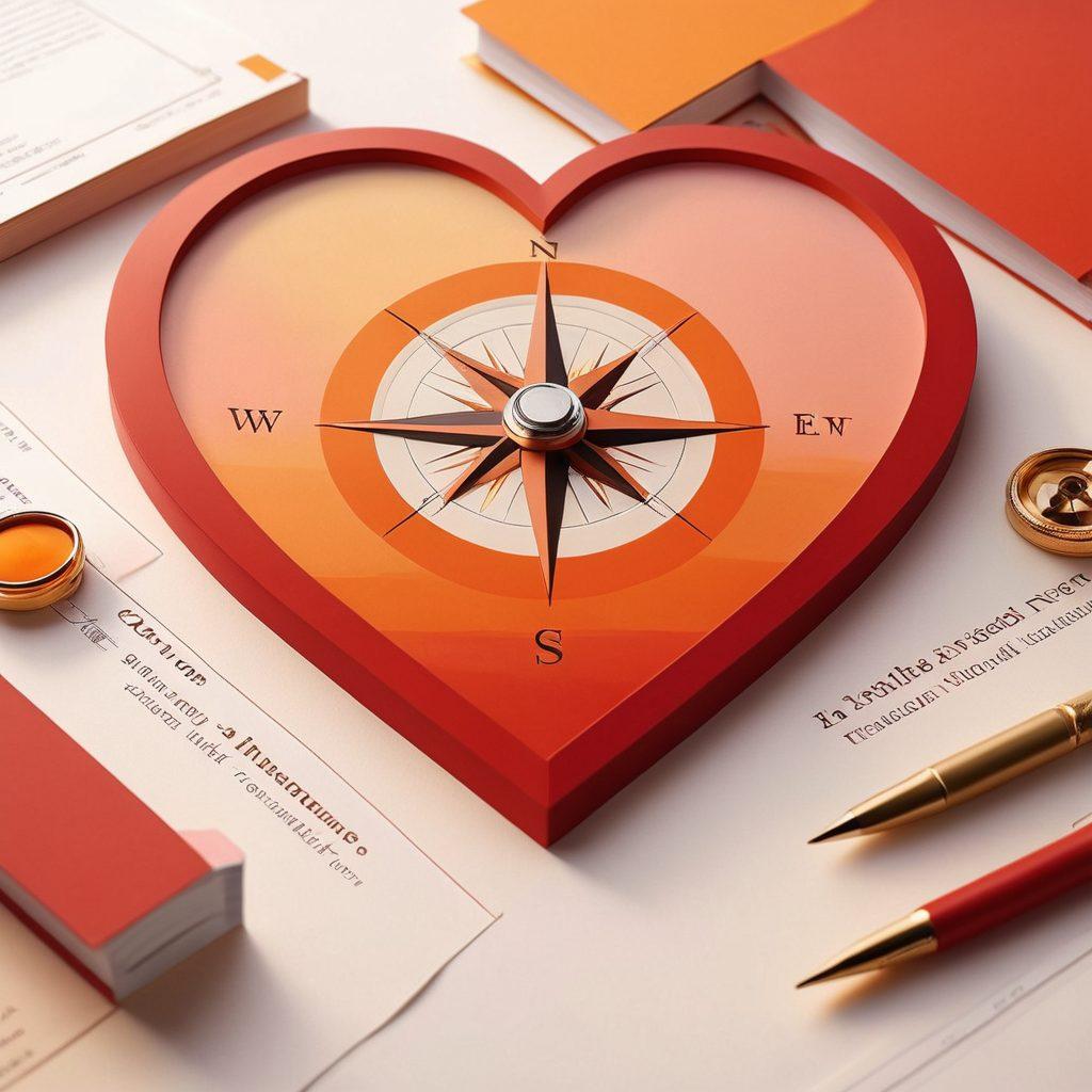 A heart-shaped compass with various insurance symbols (like a house, car, and health icon) integrated into the design, set against a backdrop of intertwined couples holding hands. The color palette should embody warmth and security, with soft gradients of red and orange. Include subtle hints of paperwork and policies in the background, suggesting an organized approach to love and insurance. super-realistic. vibrant colors. soft focus.