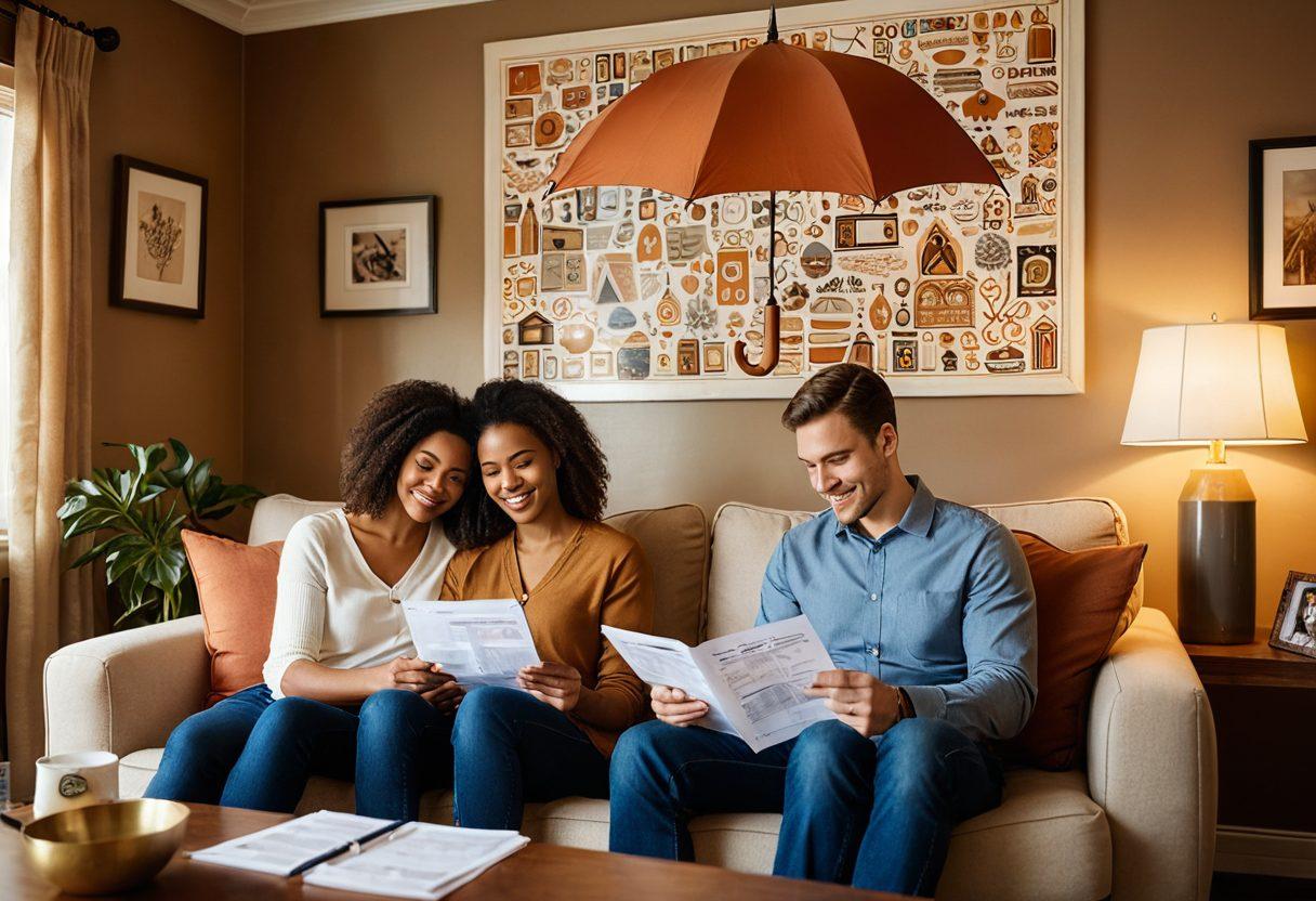 A serene couple sitting together in a cozy living room surrounded by symbols of protection, like a house shielded by an umbrella, soft warm lighting, and family portraits on the wall showcasing unity and care. The atmosphere exudes safety and trust, with elements like insurance documents neatly displayed on a coffee table. super-realistic. warm colors. inviting atmosphere.